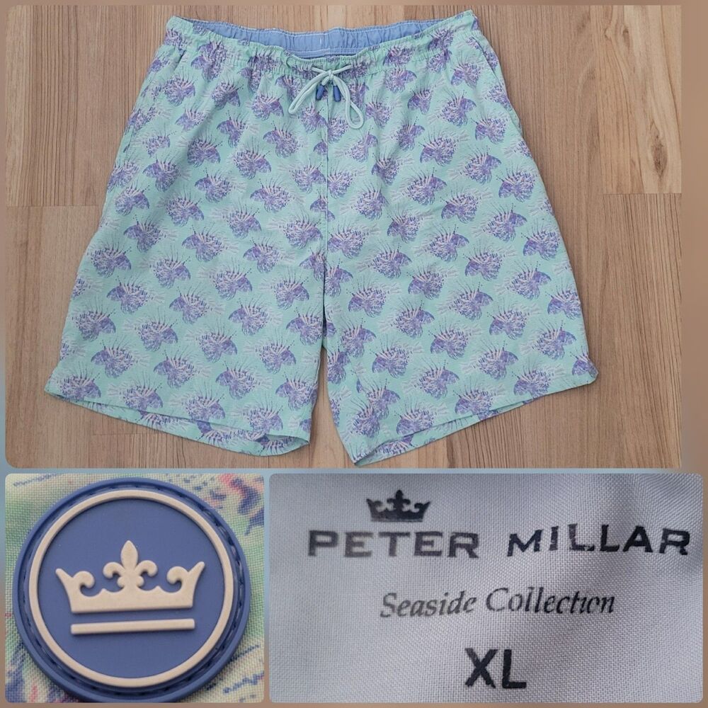 Peter Millar Swim Shorts Mens XL Blue Seaside Trunks Lionfish pattern Mesh - Picture 1 of 13